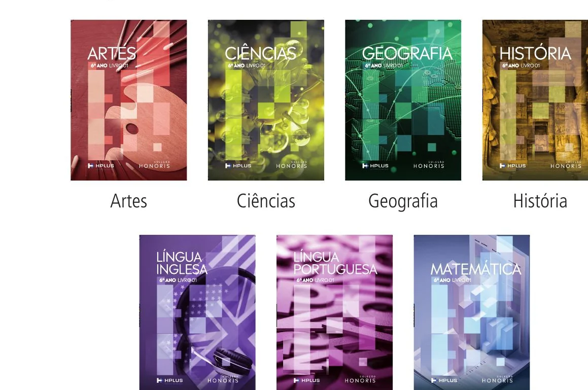 As sete capas da Coleção Honoris: Artes, Ciências, Geografia, História, Inglês, Português e Matemática